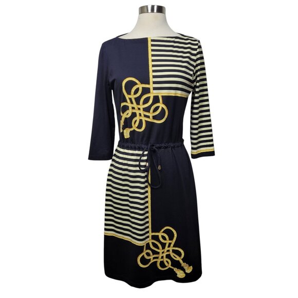 J. McLaughlin Black Gold 3/4  Sleeve Striped Drawstring Dress Size M - Picture 1 of 10